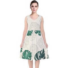 Green Monstera Leaf Illustrations V-neck Midi Sleeveless Dress 