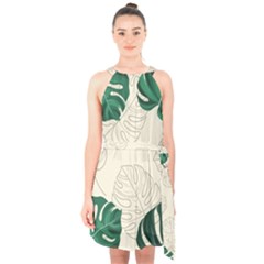 Green Monstera Leaf Illustrations Halter Collar Waist Tie Chiffon Dress