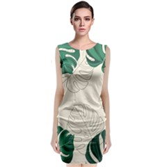 Green Monstera Leaf Illustrations Sleeveless Velvet Midi Dress