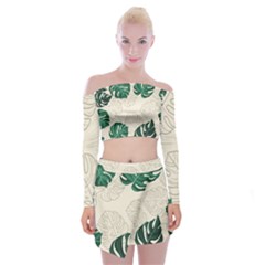 Green Monstera Leaf Illustrations Off Shoulder Top With Mini Skirt Set