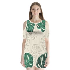 Green Monstera Leaf Illustrations Shoulder Cutout Velvet One Piece