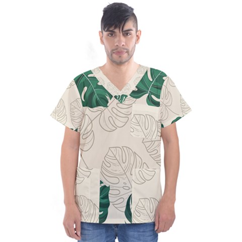 Green Monstera Leaf Illustrations Men s V-neck Scrub Top by HermanTelo