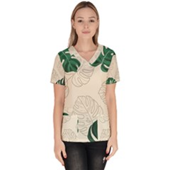 Green Monstera Leaf Illustrations Women s V-neck Scrub Top