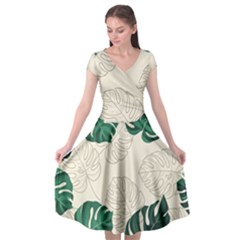 Green Monstera Leaf Illustrations Cap Sleeve Wrap Front Dress