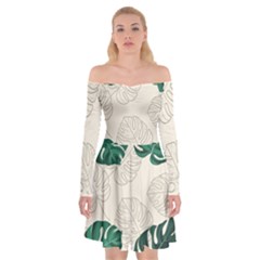 Green Monstera Leaf Illustrations Off Shoulder Skater Dress