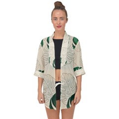 Green Monstera Leaf Illustrations Open Front Chiffon Kimono