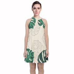 Green Monstera Leaf Illustrations Velvet Halter Neckline Dress 