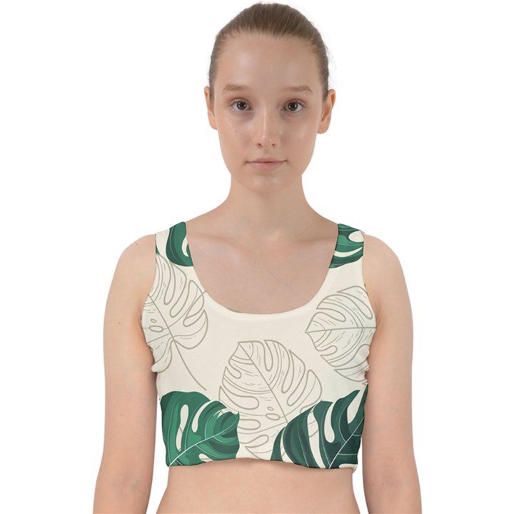 Green Monstera Leaf Illustrations Velvet Racer Back Crop Top