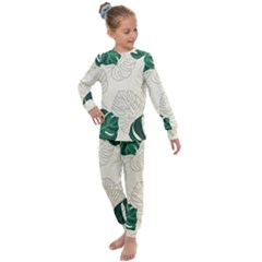 Green Monstera Leaf Illustrations Kids  Long Sleeve Set 