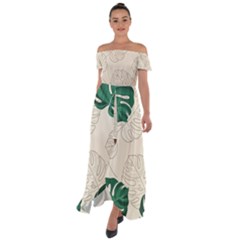 Green Monstera Leaf Illustrations Off Shoulder Open Front Chiffon Dress