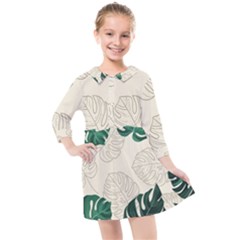 Green Monstera Leaf Illustrations Kids  Quarter Sleeve Shirt Dress by HermanTelo