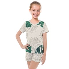 Green Monstera Leaf Illustrations Kids  Mesh Tee And Shorts Set