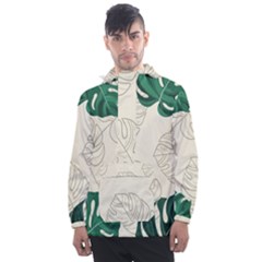 Green Monstera Leaf Illustrations Men s Front Pocket Pullover Windbreaker