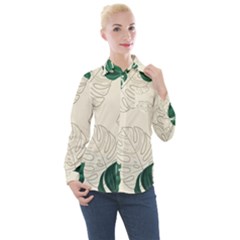 Green Monstera Leaf Illustrations Women s Long Sleeve Pocket Shirt