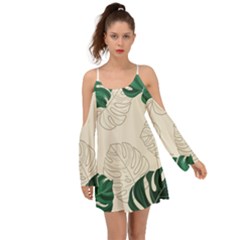 Green Monstera Leaf Illustrations Kimono Sleeves Boho Dress by HermanTelo