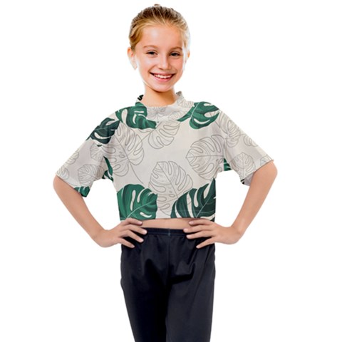 Green Monstera Leaf Illustrations Kids Mock Neck Tee by HermanTelo