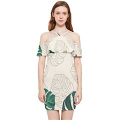 Green Monstera Leaf Illustrations Shoulder Frill Bodycon Summer Dress