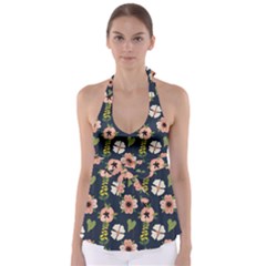 Flower White Grey Pattern Floral Babydoll Tankini Top by Dutashop