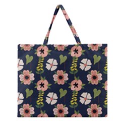 Flower White Grey Pattern Floral Zipper Large Tote Bag