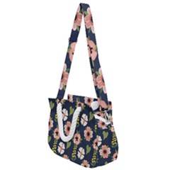 Flower White Grey Pattern Floral Rope Handles Shoulder Strap Bag