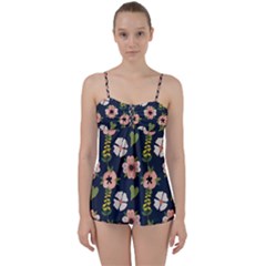 Flower White Grey Pattern Floral Babydoll Tankini Set