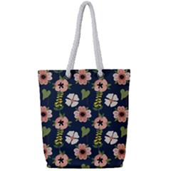 Flower White Grey Pattern Floral Full Print Rope Handle Tote (small)