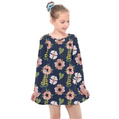 Flower White Grey Pattern Floral Kids  Long Sleeve Dress