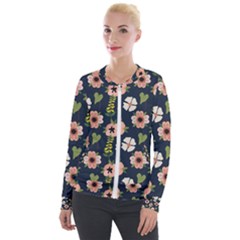 Flower White Grey Pattern Floral Velvet Zip Up Jacket