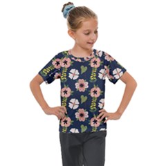 Flower White Grey Pattern Floral Kids  Mesh Piece Tee