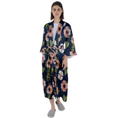 Flower White Grey Pattern Floral Maxi Satin Kimono