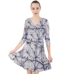 Black And White Botanical Motif Artwork 2 Quarter Sleeve Front Wrap Dress