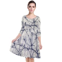 Black And White Botanical Motif Artwork 2 Quarter Sleeve Waist Band Dress