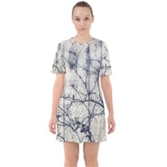 Black And White Botanical Motif Artwork 2 Sixties Short Sleeve Mini Dress