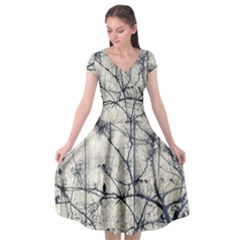 Black And White Botanical Motif Artwork 2 Cap Sleeve Wrap Front Dress