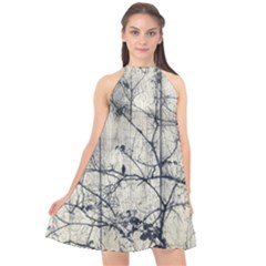 Black And White Botanical Motif Artwork 2 Halter Neckline Chiffon Dress 