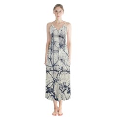 Black And White Botanical Motif Artwork 2 Button Up Chiffon Maxi Dress