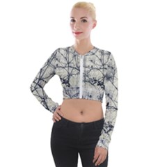 Black And White Botanical Motif Artwork 2 Long Sleeve Cropped Velvet Jacket by dflcprintsclothing