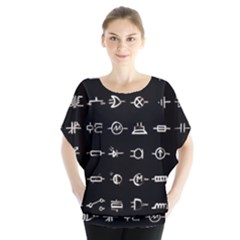 Electrical Symbols Callgraphy Short Run Inverted Batwing Chiffon Blouse