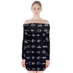 Electrical Symbols Callgraphy Short Run Inverted Long Sleeve Off Shoulder Dress