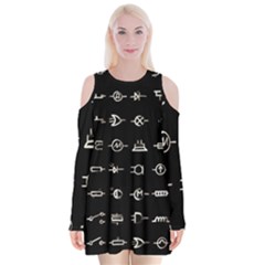 Electrical Symbols Callgraphy Short Run Inverted Velvet Long Sleeve Shoulder Cutout Dress