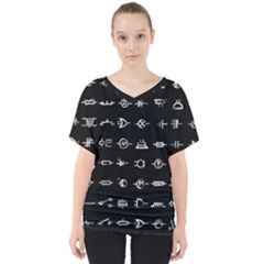 Electrical Symbols Callgraphy Short Run Inverted V-Neck Dolman Drape Top