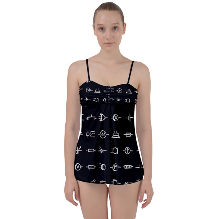 Electrical Symbols Callgraphy Short Run Inverted Babydoll Tankini Set