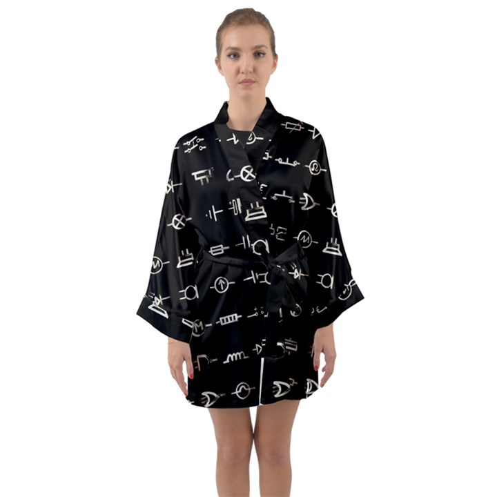 Electrical Symbols Callgraphy Short Run Inverted Long Sleeve Satin Kimono