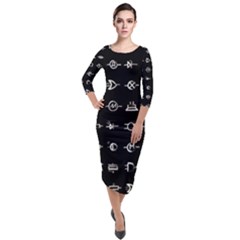 Electrical Symbols Callgraphy Short Run Inverted Quarter Sleeve Midi Velour Bodycon Dress