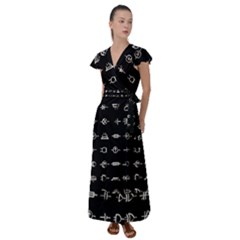 Electrical Symbols Callgraphy Short Run Inverted Flutter Sleeve Maxi Dress