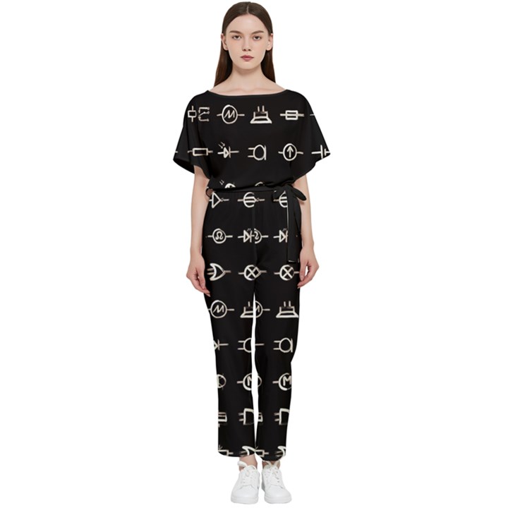 Electrical Symbols Callgraphy Short Run Inverted Batwing Lightweight Jumpsuit