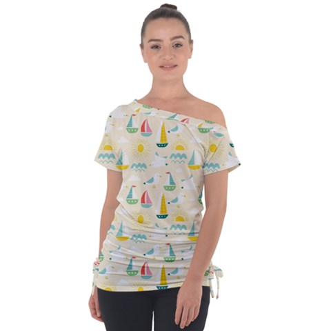 Ships Pattern Love Off Shoulder Tie-up Tee by designsbymallika