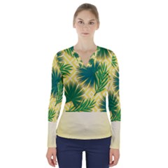 Yellow Tropical Pattern V-neck Long Sleeve Top by designsbymallika