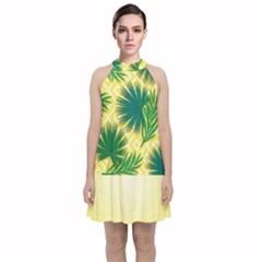 Yellow Tropical Pattern Velvet Halter Neckline Dress  by designsbymallika