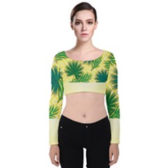 Yellow Tropical Pattern Velvet Long Sleeve Crop Top by designsbymallika